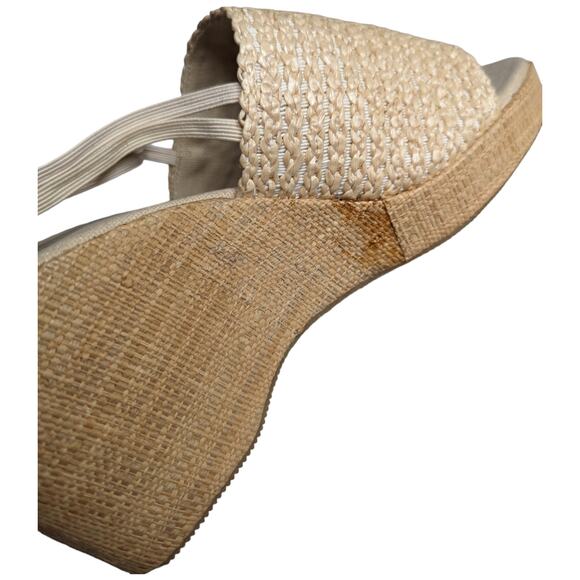 Vtg Y2K Ivory Woven Raffia Sunflower Chunky Wedge Heel Slingback Sandals 10 - Picture 4 of 7